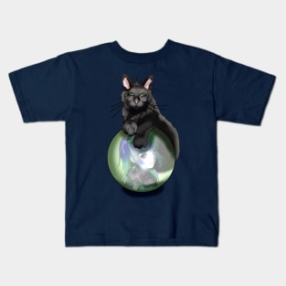 Black fluffy cat with a crystal ball Kids T-Shirt